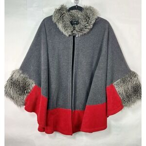 Parkhurst Desmona Cape Faux Fur Trim Gray Red Fleece Button Closure One Size